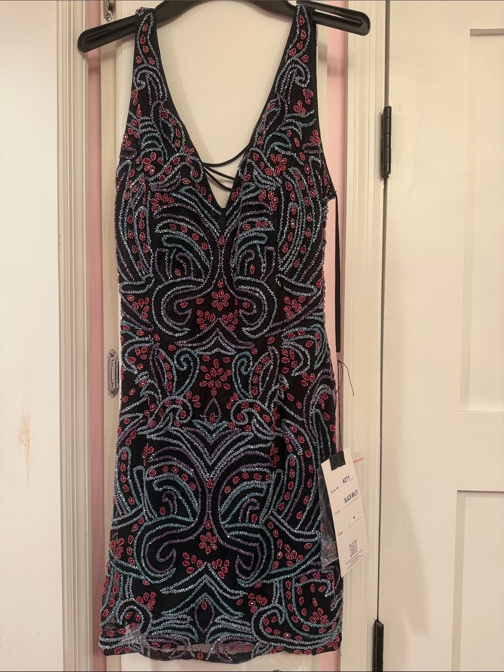 Primavera Couture Black Mini Dress with Pink & Light Blue Beading